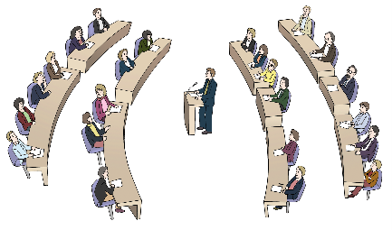 Eine Person steht an einem Rednerpult in der Mitte des Bildes. Drumherum sind Tische, an denen Menschen sitzen und zuhören.